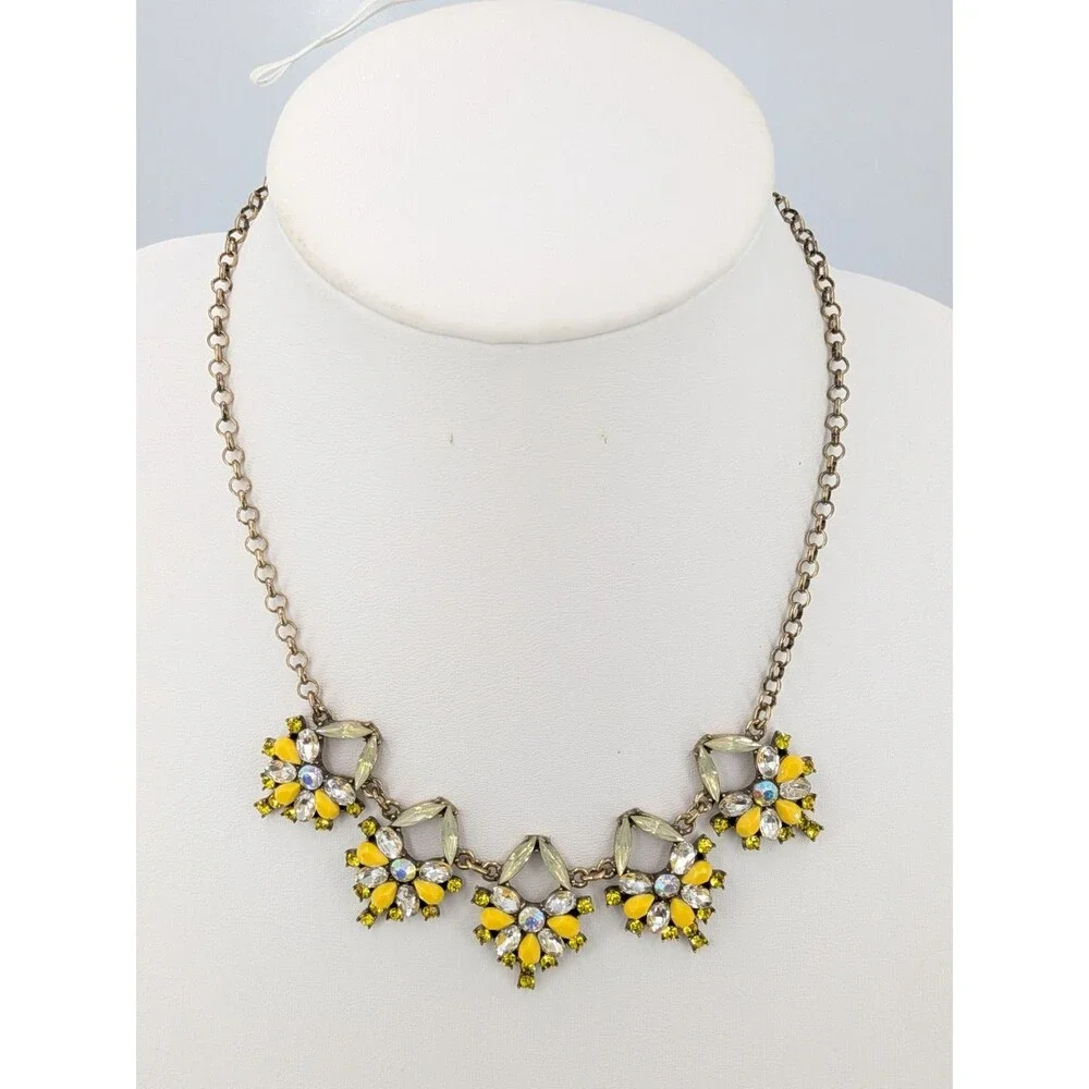 LOFT Statement Necklace Yellow Green Rhinestone Floral Gold Tone Resin 19 Inch